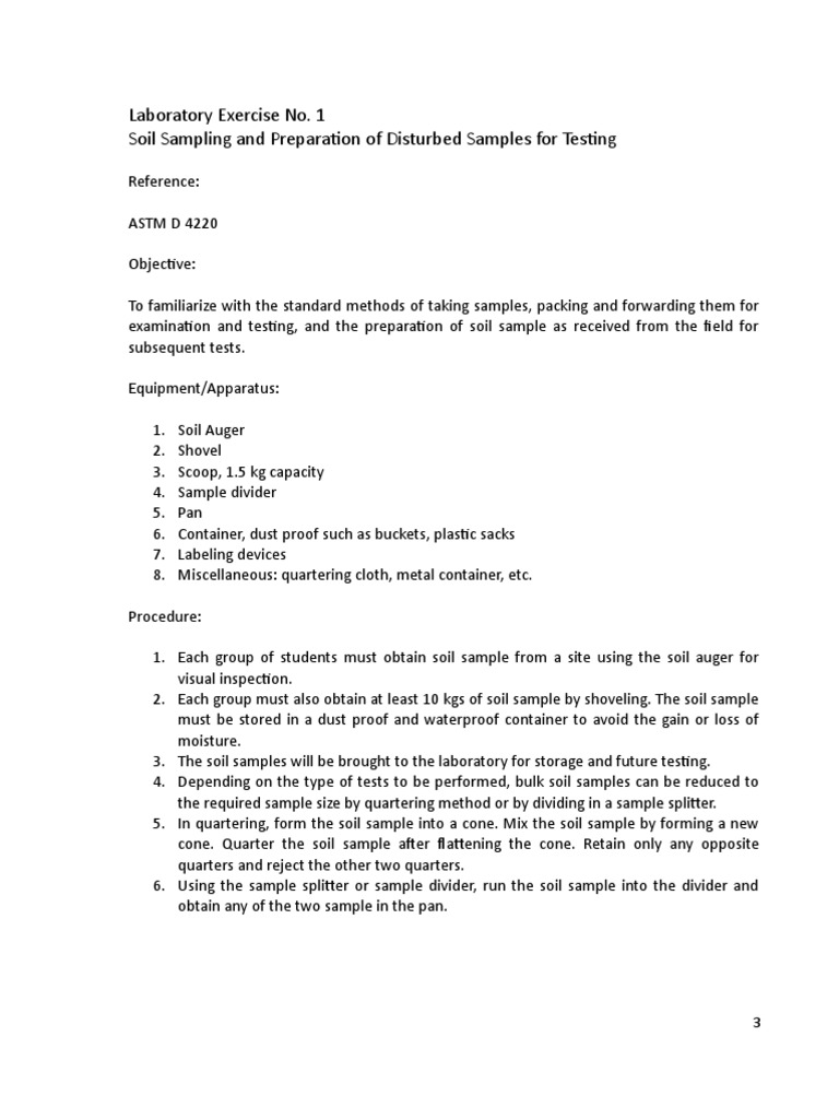 Laboratory Exercise No. 1 Soil Sampling and Preparation of Disturbed