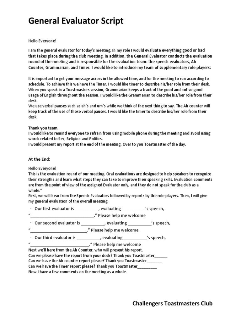 General Evaluator Script: at The End | PDF | Communication