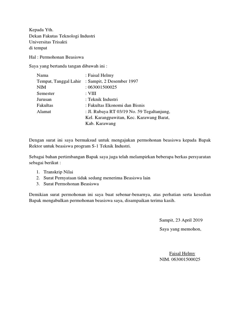 Contoh Surat Permohonan Beasiswa