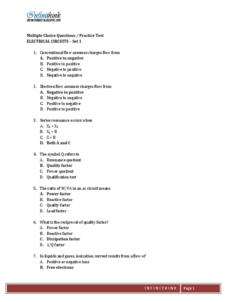 Multiple Choice Questions Practice Test Electrical Circuits Set 1