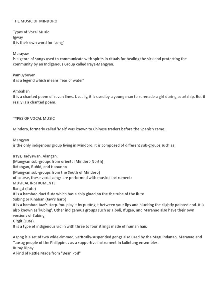 Vocal Music of Mindoro: Types & Instruments | PDF | Art