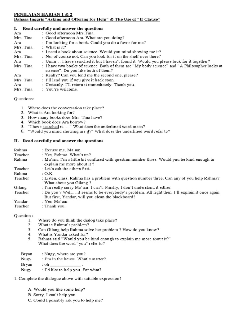 Soal Exercise Bahasa Inggris Asking and Offering for Help