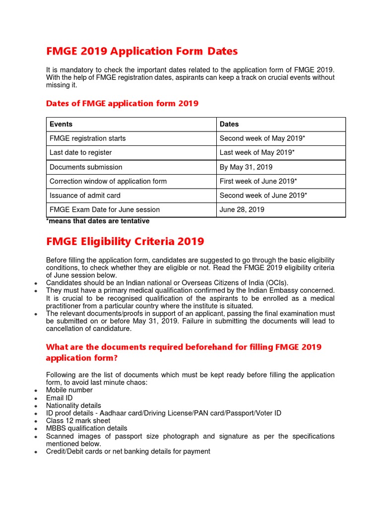 Dates of FMGE Application Form 2019 | PDF | Official Documents | Government