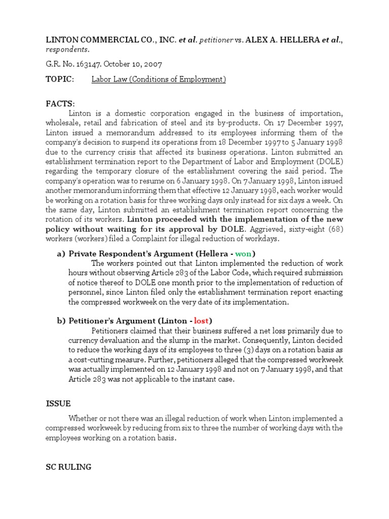 Temporary Closure and Compressed Workweek Linton Commercial Co., Inc