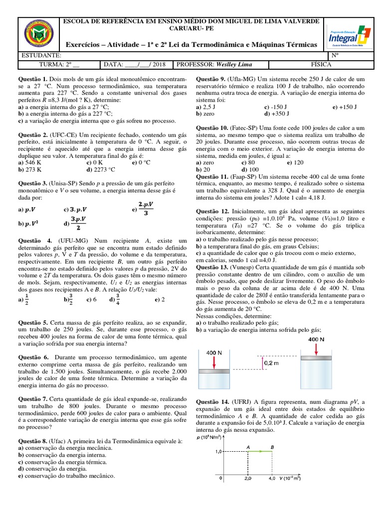 Exercícios sobre Termodinâmica e Máquinas Térmicas | PDF ...