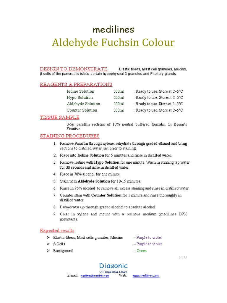 Aldehyde Fuchsin Colour PDF Staining Fixation (Histology)