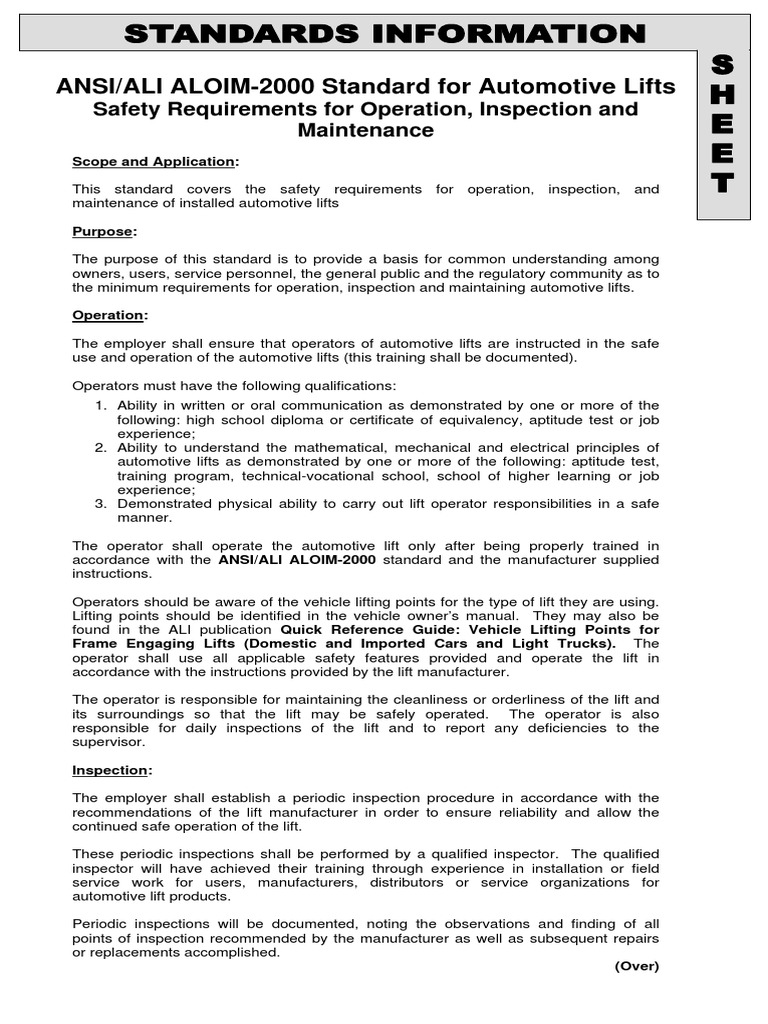 ANSI/ALI ALOIM2000 Standard For Automotive Lifts Safety Requirements