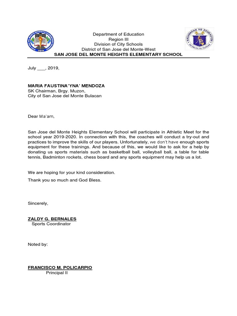 Request Letter For Sports Equipment | PDF | Ball Games 