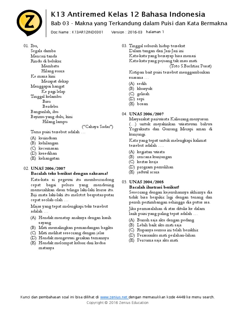 Soal Puisi Kelas Xii Sma