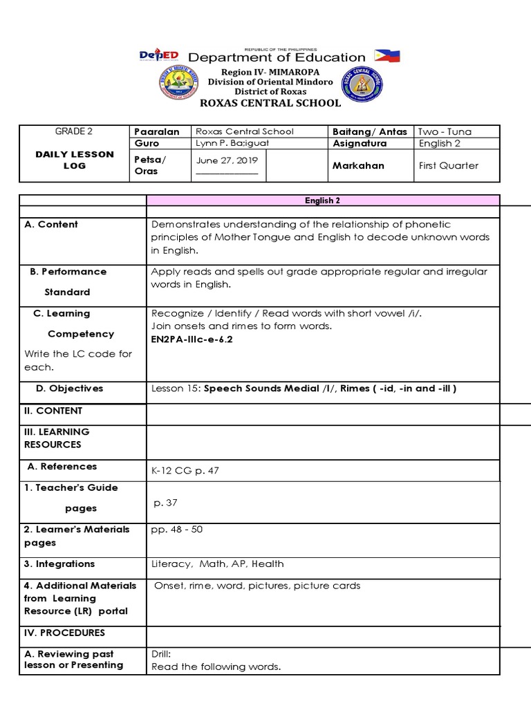Grade 2 English Lesson Plan | PDF | Syllable | Phonology