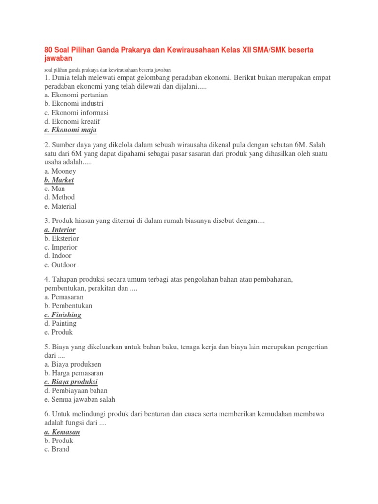 80 Soal Pilihan Ganda Prakarya Dan Kewirausahaan Kelas Xii Sma Pdf