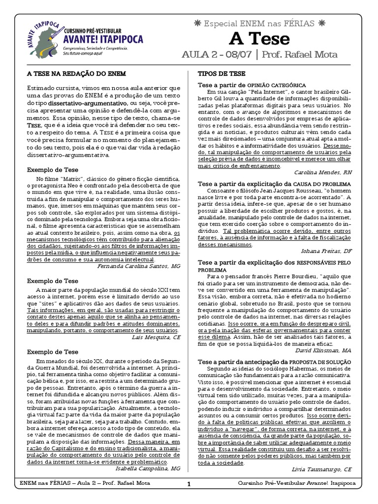 Aula 2 - A Tese Na Redação Do ENEM | PDF | Brasil | Internet