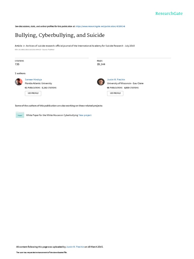 Bullying, Cyberbullying, and Suicide | PDF | Cyberbullying | Bullying