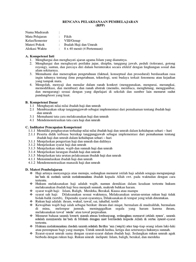 Rpp Fiqh Kelas 8 Haji Dan Umroh