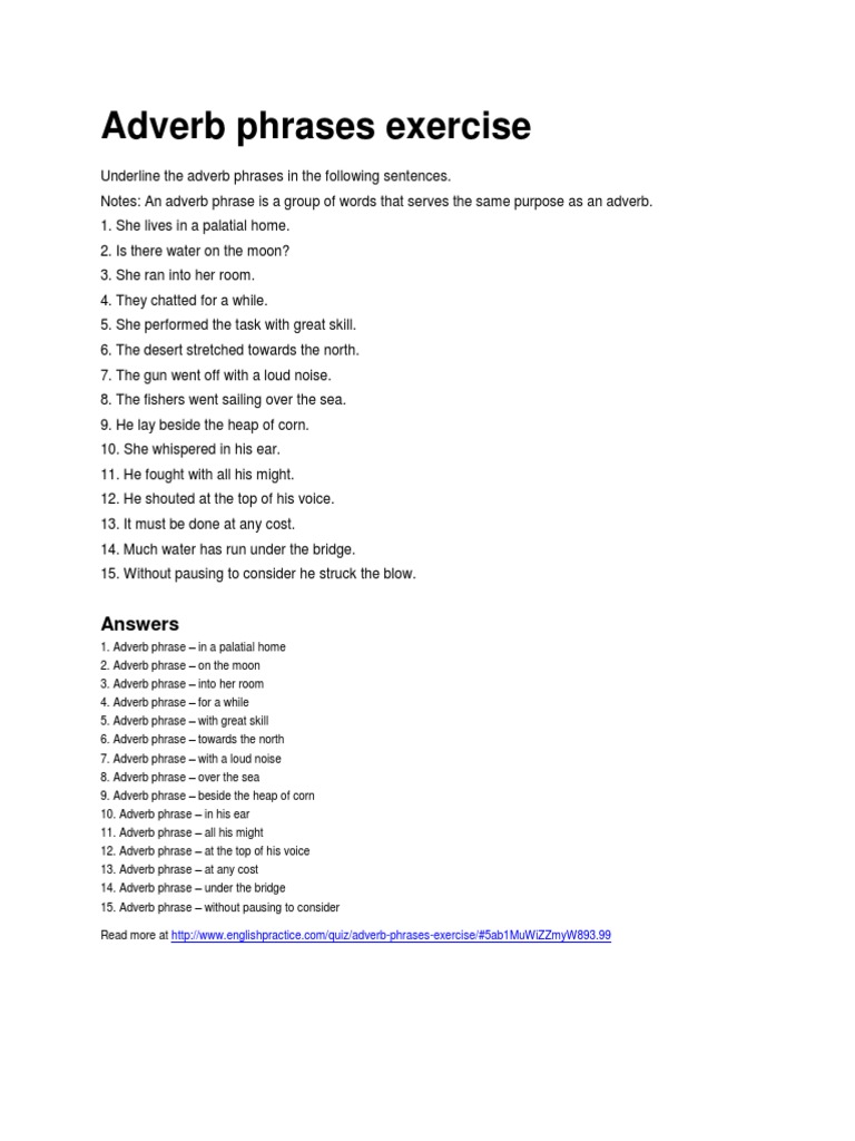 Adverb Phrases Exercise Adverb Sentence Linguistics