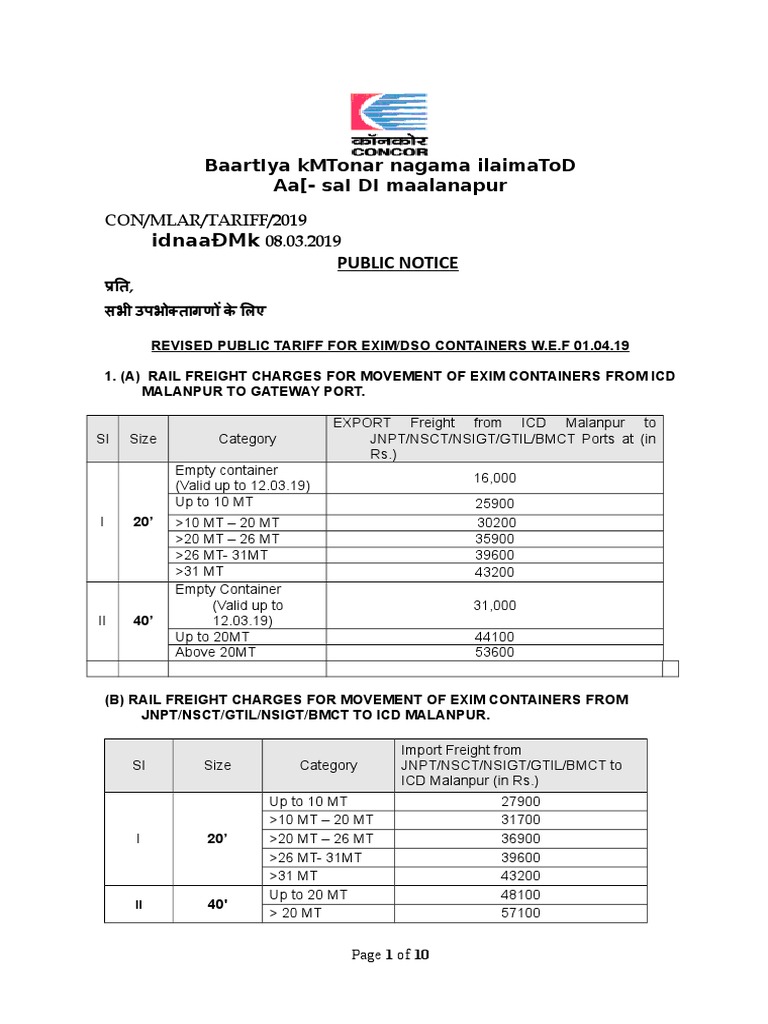 Revised Public Tariff for Rail Freight Charges and Terminal Handling