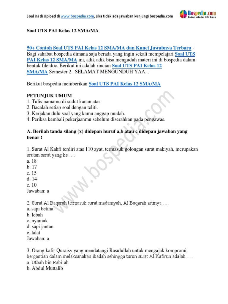 50 Contoh Soal Uts Pai Kelas 12 Sma Ma Dan Kunci Jawabnya