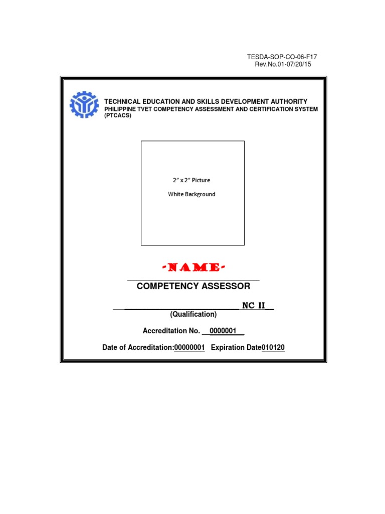 TESDA Competency Assessor ID Template | PDF | Business