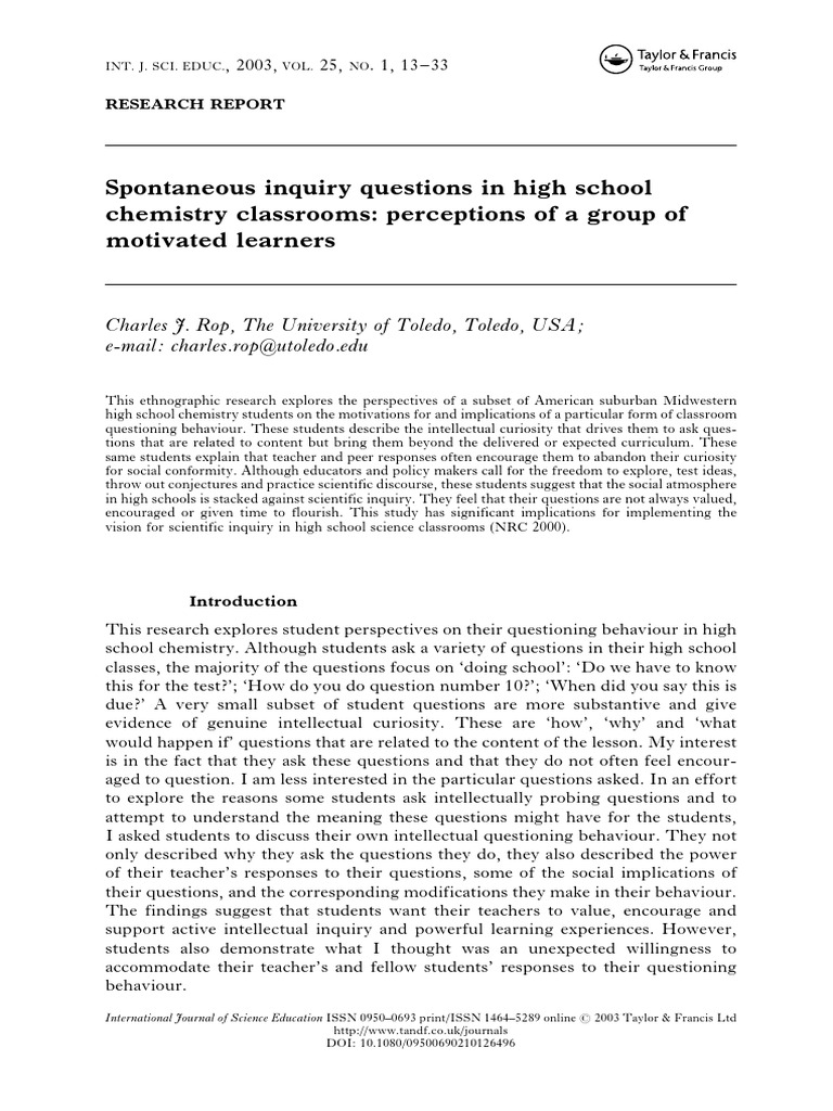 Spontaneous Inquiry Questions in High School Chemistry Classrooms ...