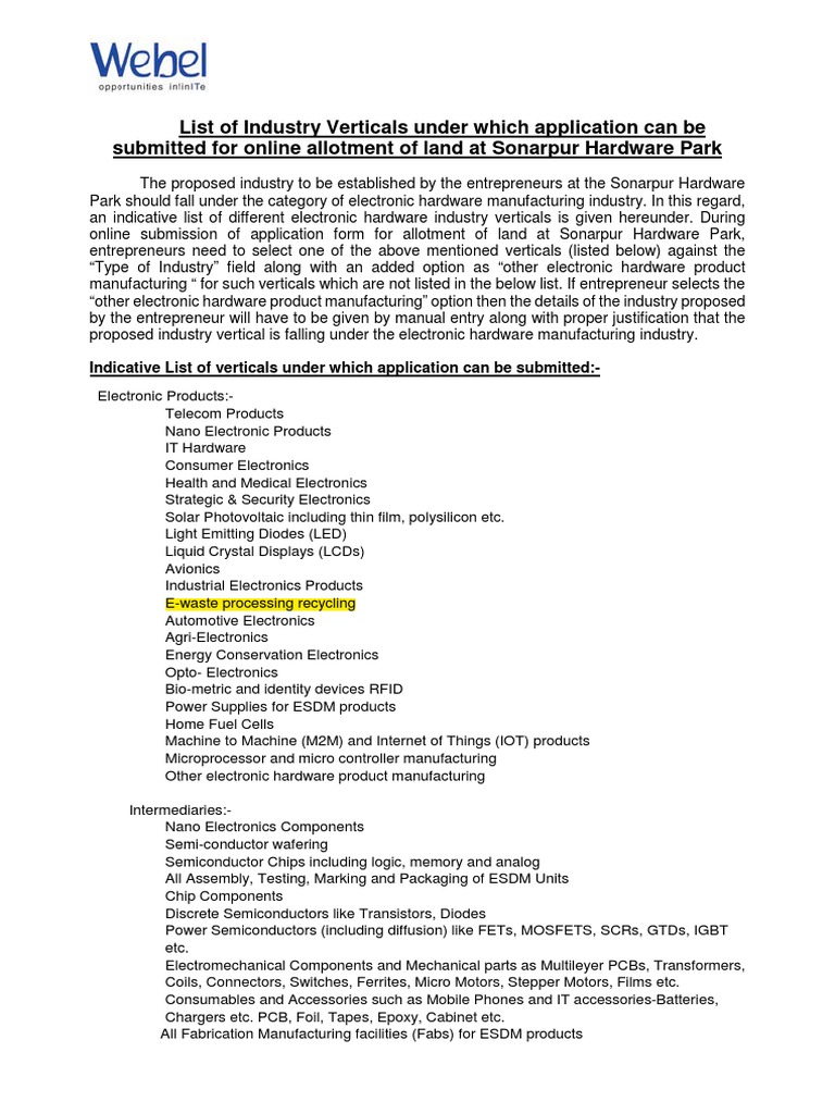 Indicative List of Industry Verticals for Electronic Hardware
