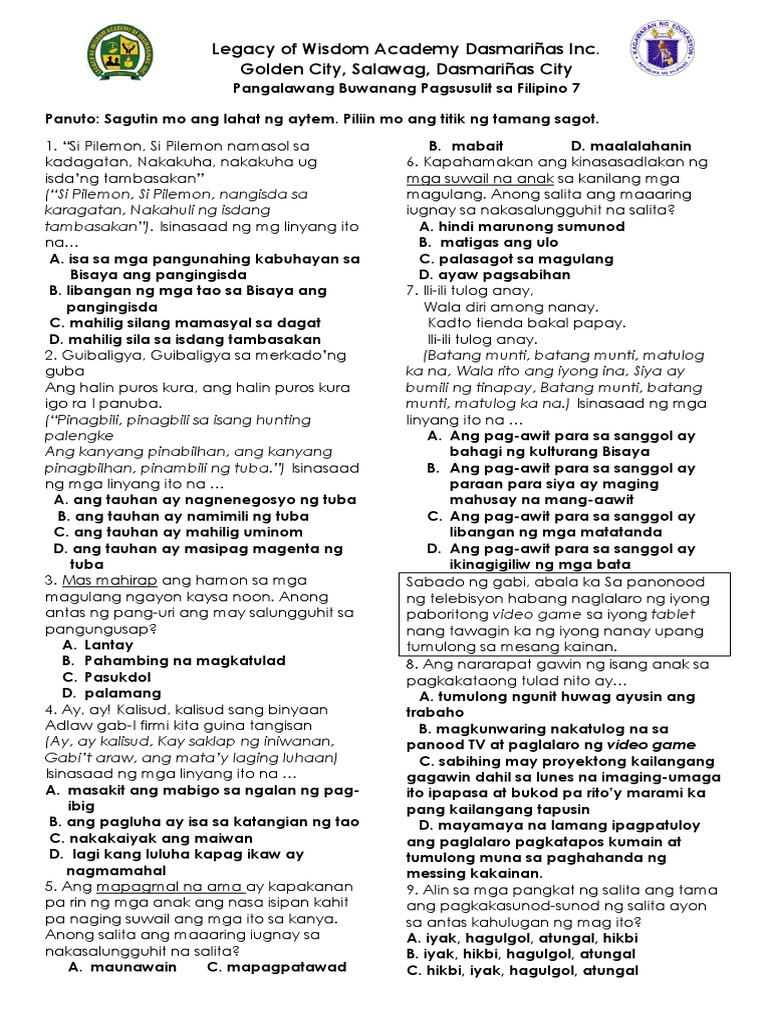 Pangalawang Buwanang Pagsusulit Sa Filipino 7 | PDF