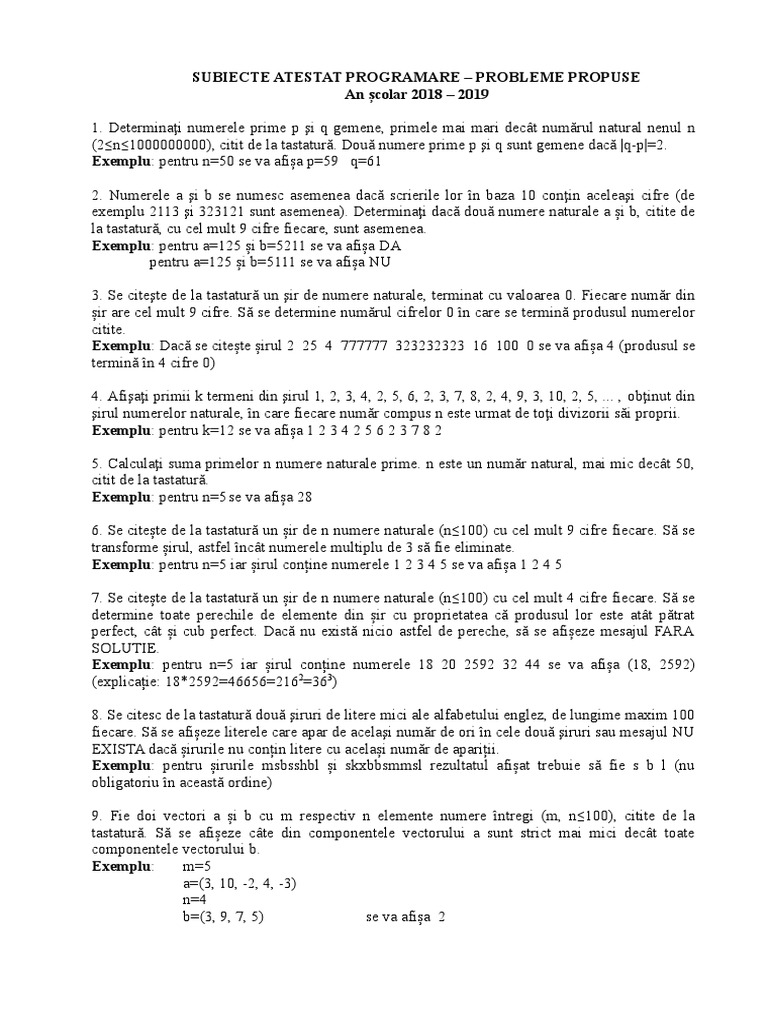 Atestat 2019 - Subiecte Programare | PDF