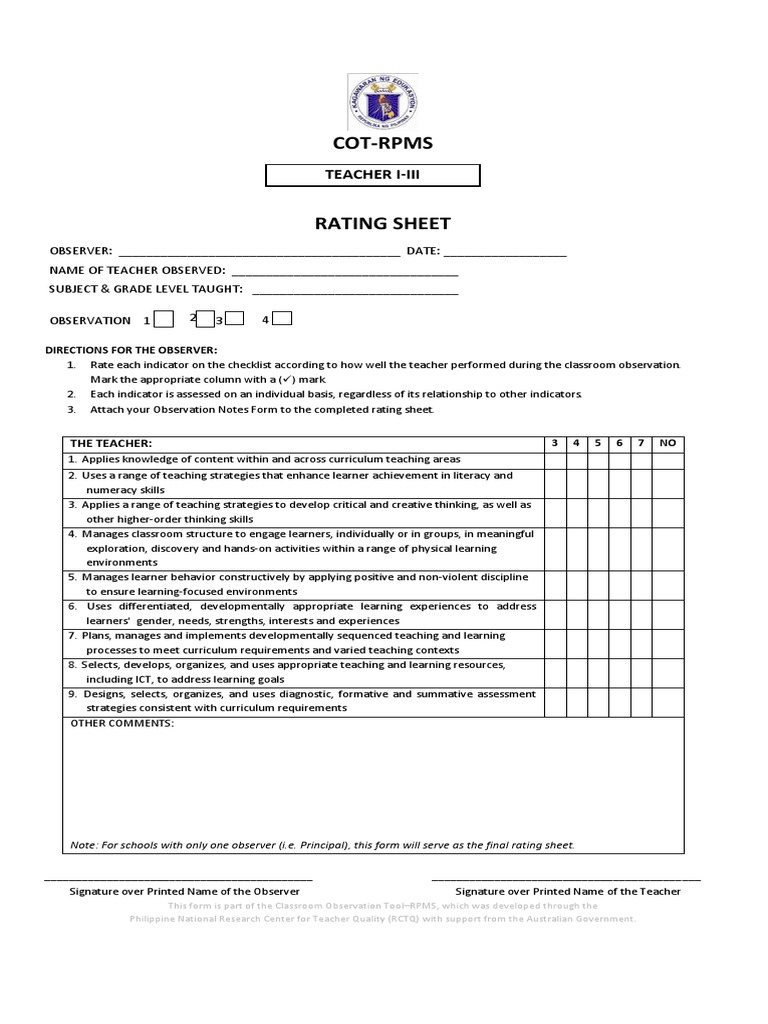 COT Rating Sheet PDF Curriculum Educational Technology