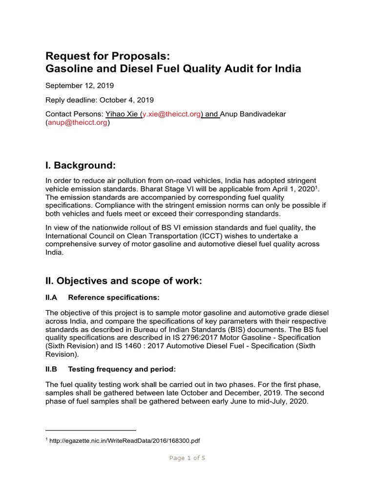 Request for Proposals Gasoline and Diesel Fuel Quality Audit for India