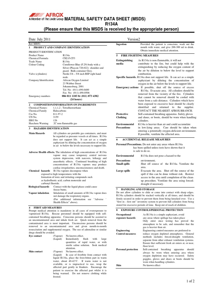 R134a Safety Data Sheet Overview | PDF | Toxicity | Oxygen