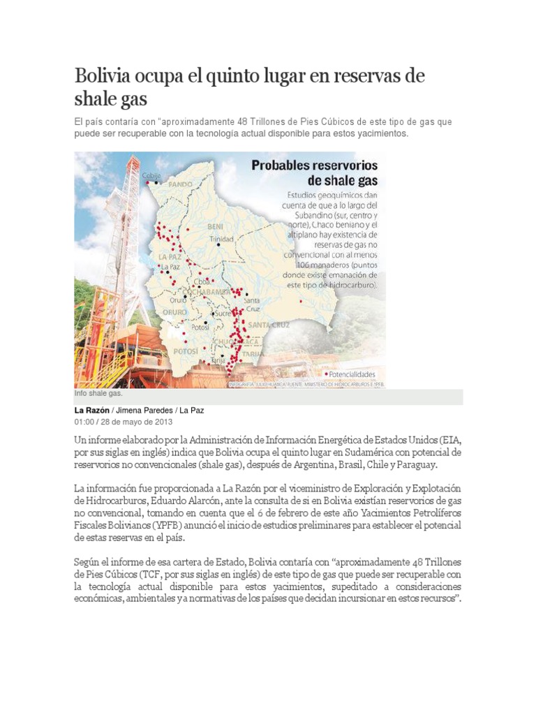 Bolivia Ocupa El Quinto Lugar en Reservas de Shale Gas | PDF | Gas de ...