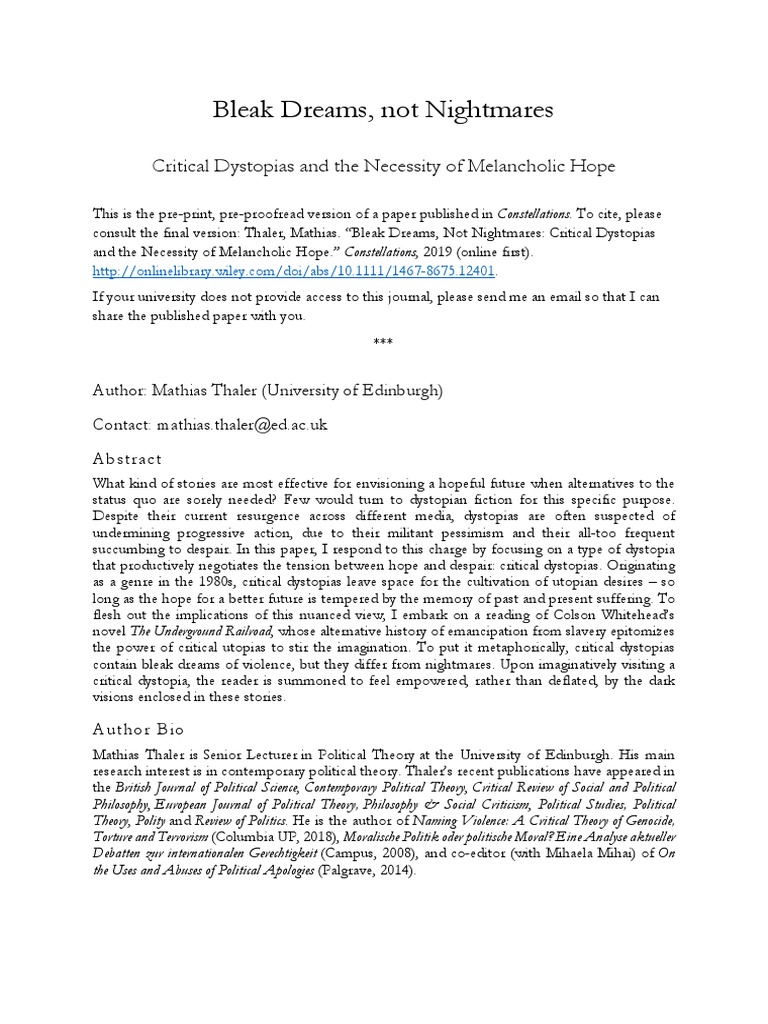Critical Dystopias and Hope | PDF | Dystopia | Utopian And Dystopian ...