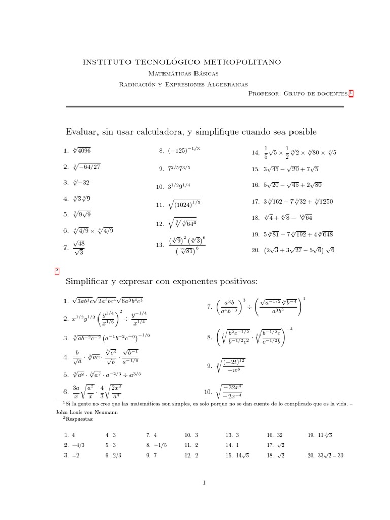 Taller 3 Radicacion y Expresiones Algebraicas | PDF | Enseñanza de ...