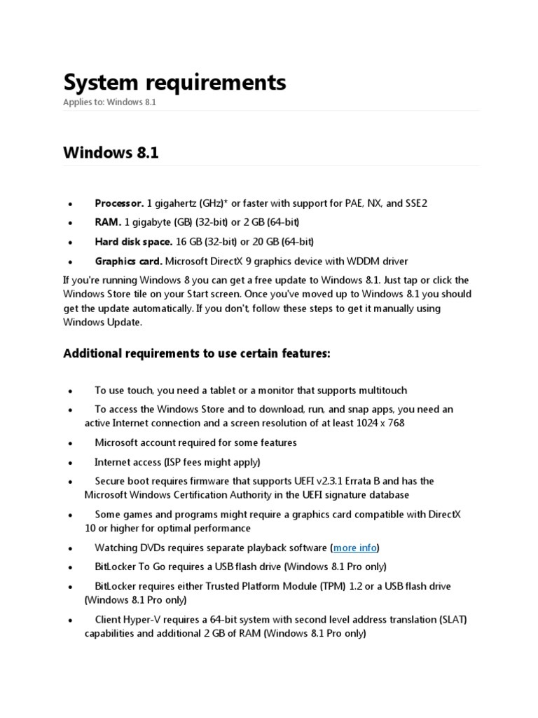 System Requirements Windows 8.1 PDF Windows 8 Windows 8.1