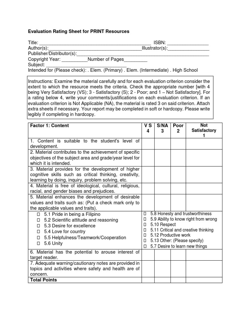 Evaluation Rating Sheet For PRINT Resources | PDF | Critical Thinking ...