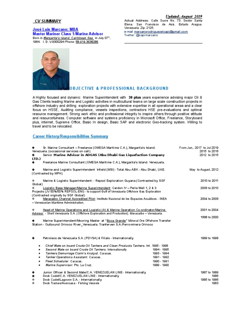 José Luis Marcano: Marine Consultant CV | PDF | Venezuela | Water Transport