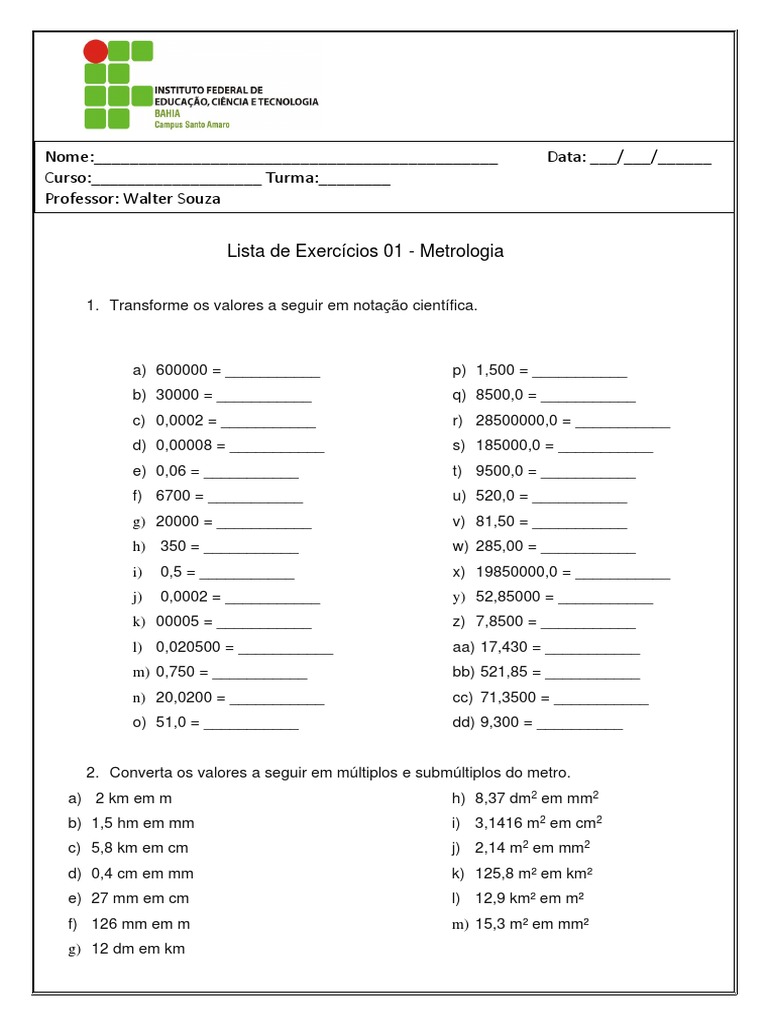 Lista de Exercícios - Conversão de Unidades | PDF