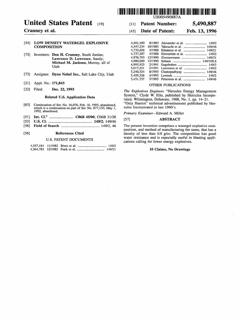US5490887 Water Gel Explosive | PDF | Kerosene | Petroleum