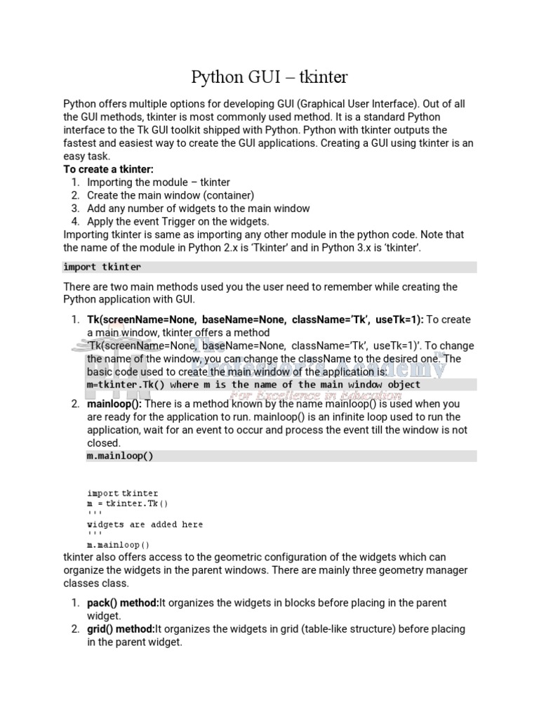 Python GUI - Tkinter: To Create A Tkinter | Download Free PDF ...