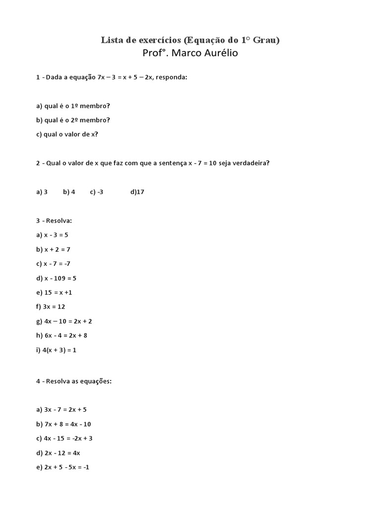 3 Lista Exercícios Equação Do 1° Grau - 7° Ano | PDF