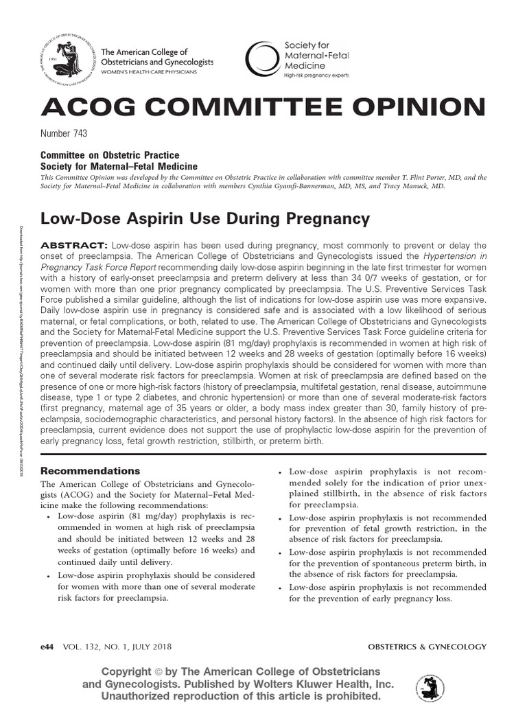 ACOG Committee Opinion No. 743 LowDose Aspirin Use During Pregnancy