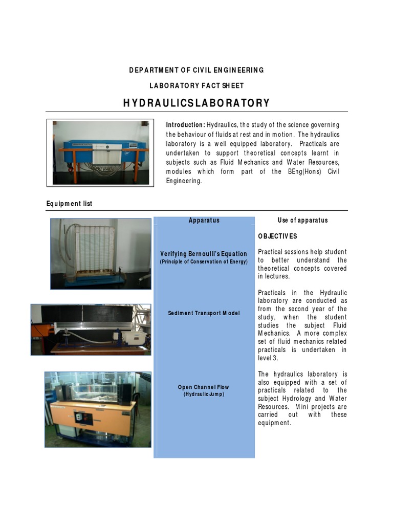 Hydraulics Laboratory Fact Sheet An Overview of Equipment, Objectives, Learning and