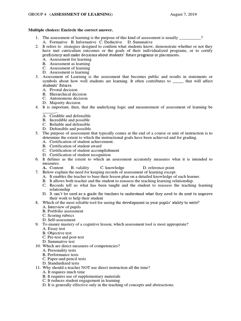 Assessment of Learning Quiz Questions | PDF | Educational Assessment ...
