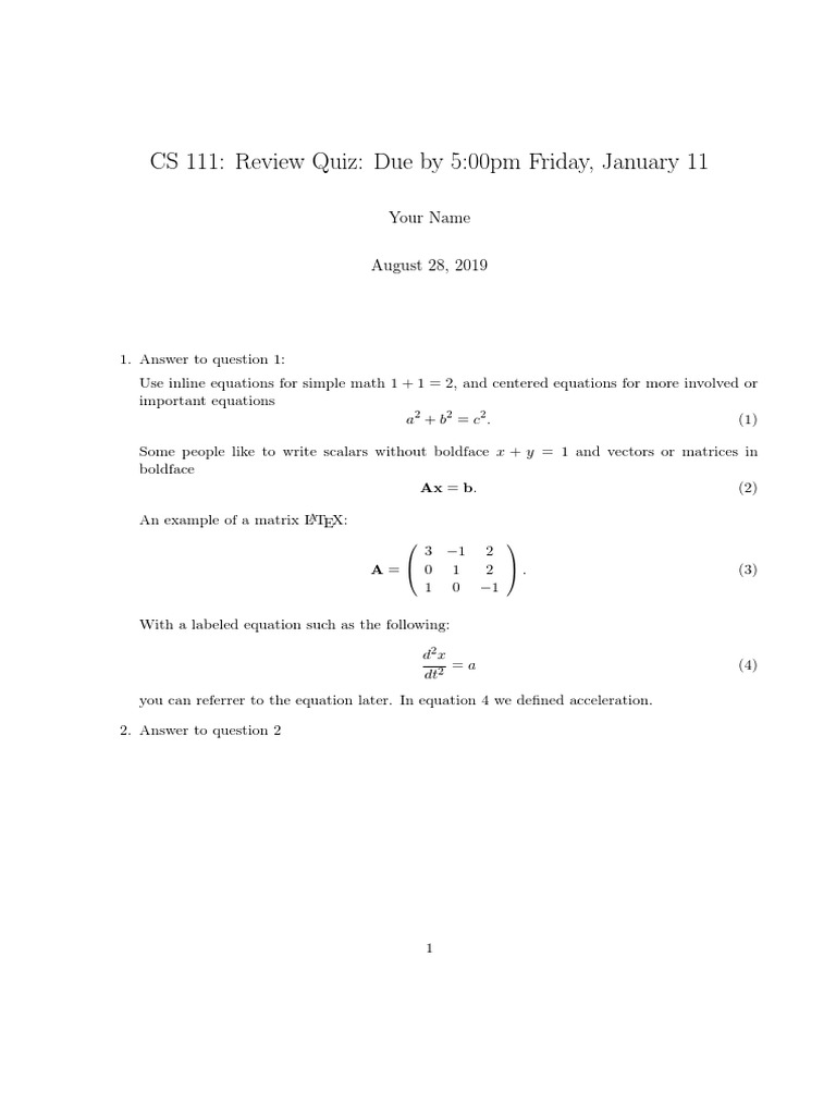 CS 111 Review Quiz Instructions | PDF | Matrix (Mathematics) | Algebra