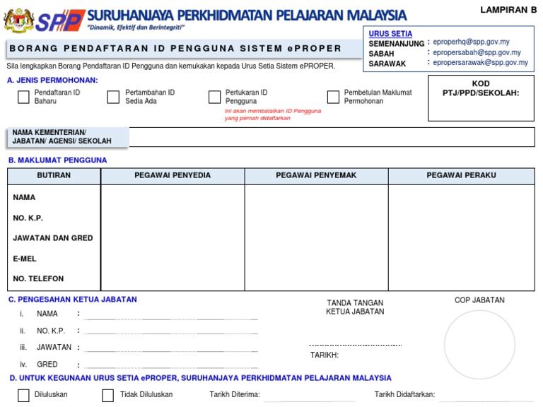 Lampiran B Borang Pendaftaran Id Pengguna Sistem Eproper Pdf