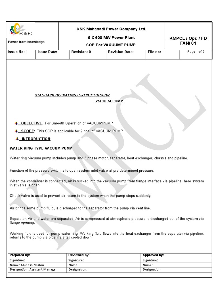 KSK Mahanadi Power Company Ltd. 6 X 600 MW Power Plant Sop For Vacuume Pump PDF Vacuum Pump