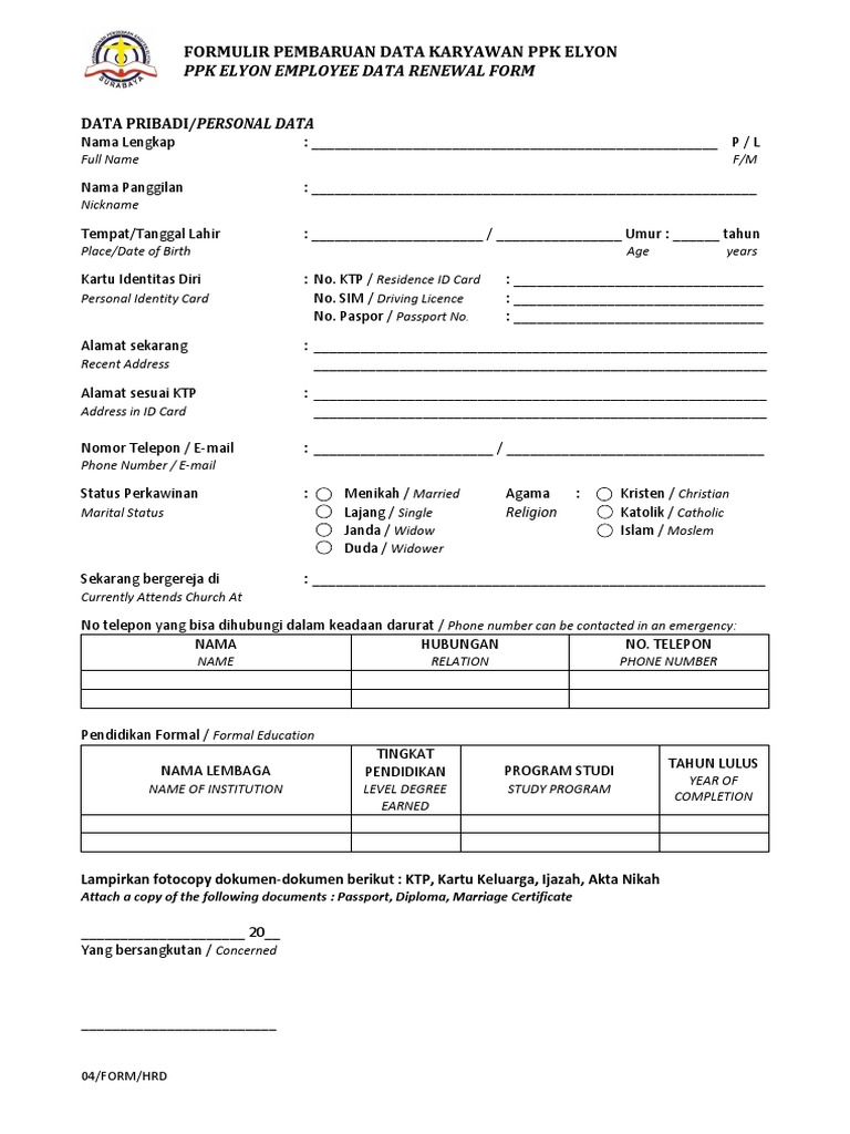 04 FORM HRD Form Pembaruan Data Karyawan PPK Elyon PDF | PDF | Karier ...
