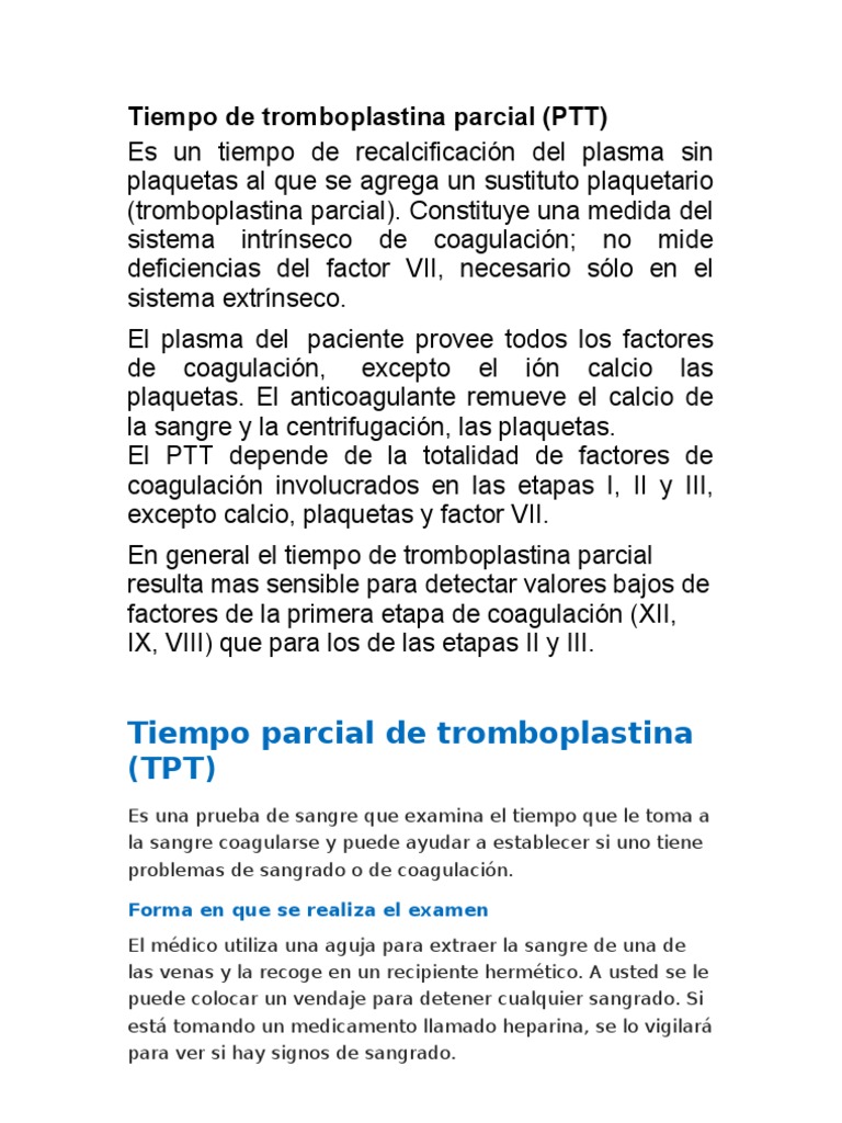 Tiempo de Tromboplastina Parcial PDF Coagulación Hematología
