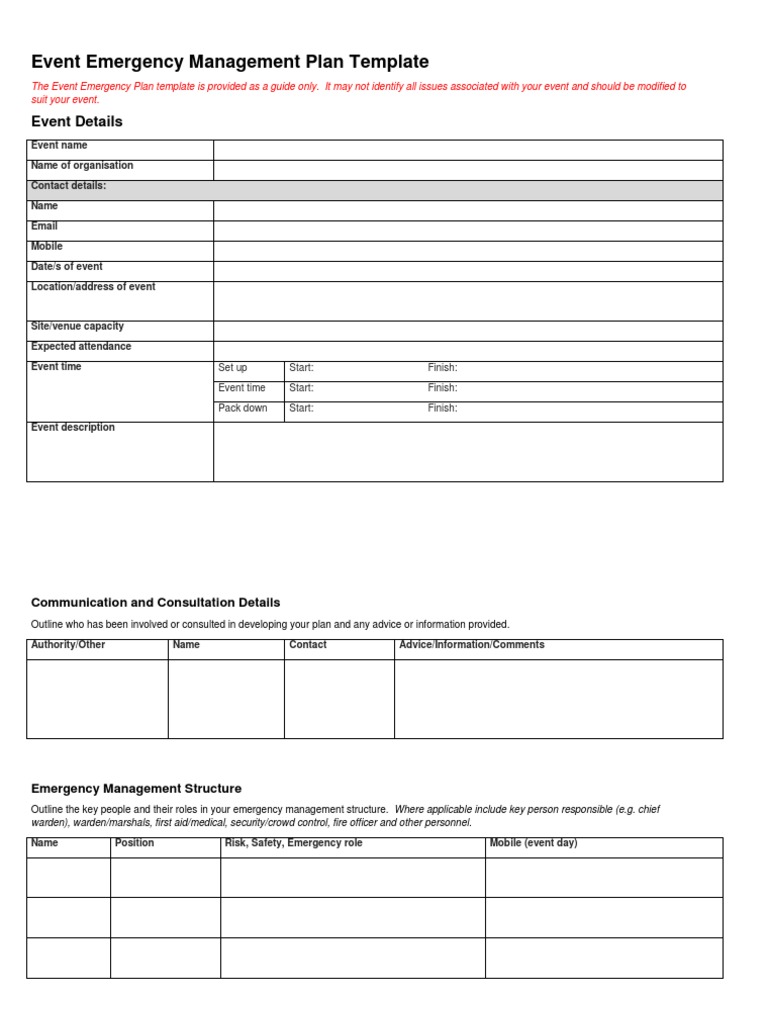 Event Emergency Management Plan Template Community Events PDF