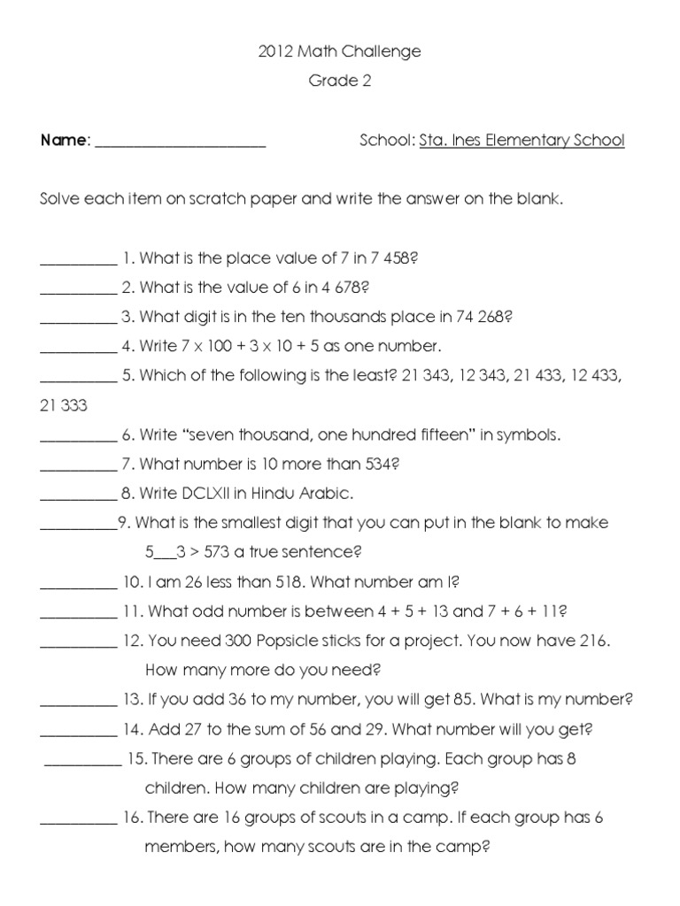 Grade 2 Math Challenge Questions | PDF | Notation | Teaching Mathematics