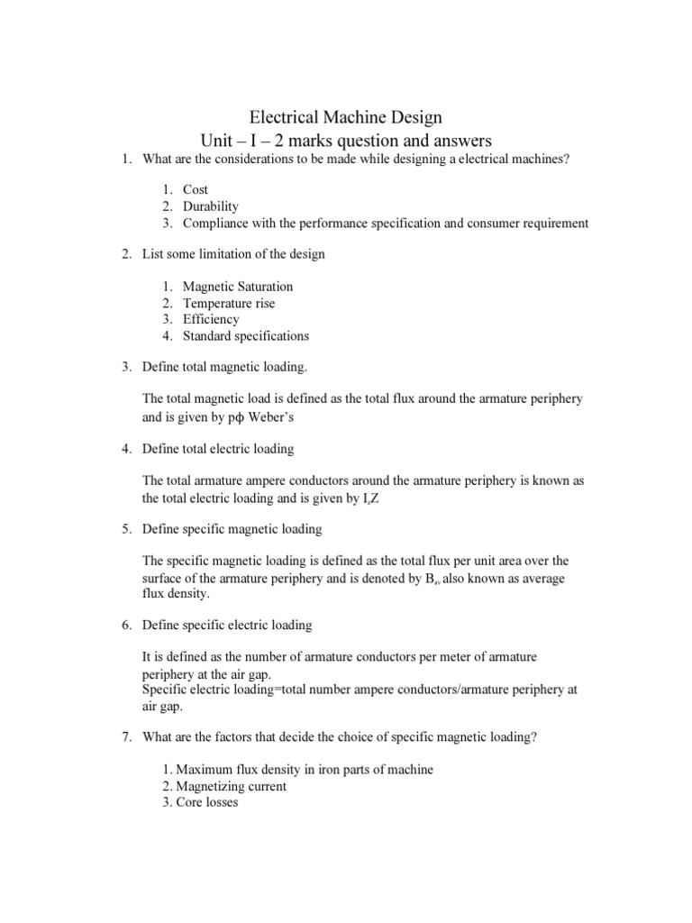Electrical Machine Design Unit - I - 2 Marks Question and Answers | PDF ...